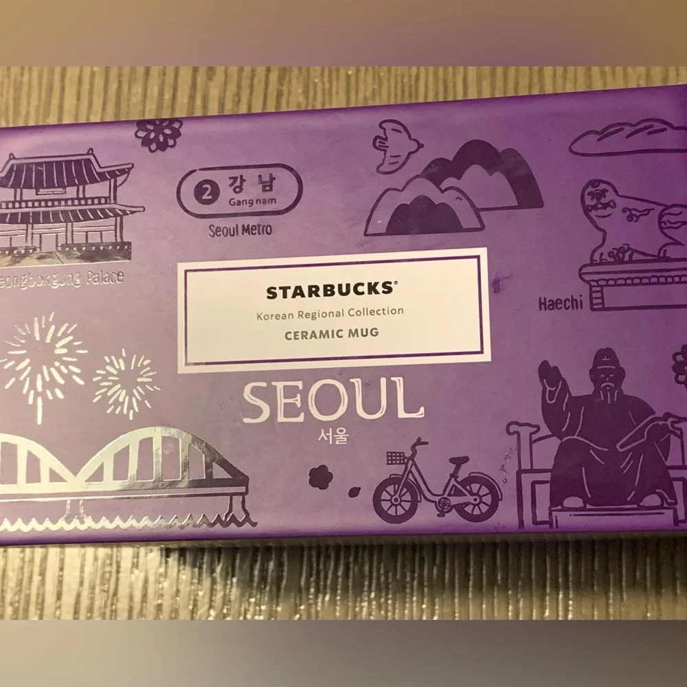 💜 Seoul, Starbucks Korea Mug w Purple & White. Featuring the popular landmarks
